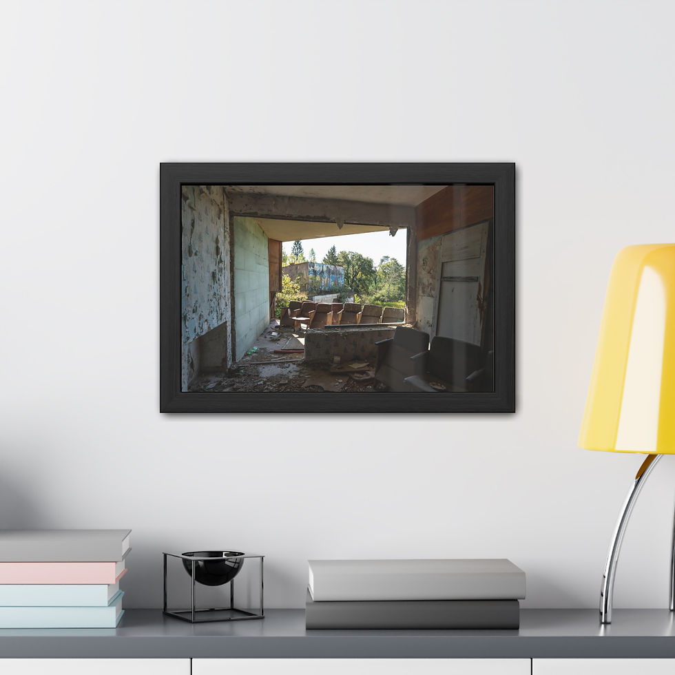 Thumbnail: Dilapidated room interior with rubble, looking out to overgrown abandoned structures.