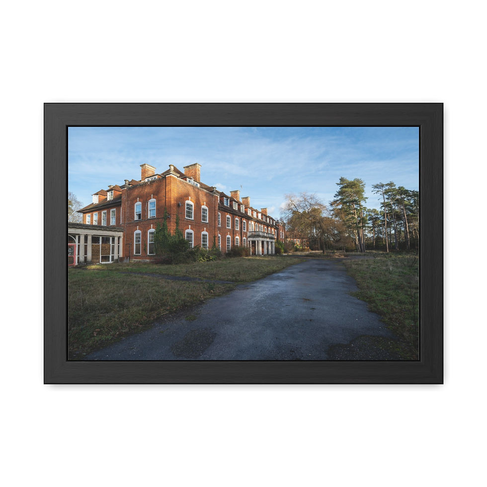 Thumbnail: Abandoned brick mansion, long paved path, trees, clear blue sky.