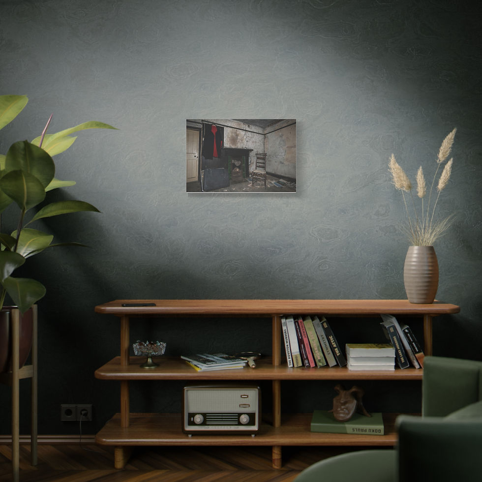Thumbnail: Wall art depicting an abandoned room, displayed above a modern wooden console.