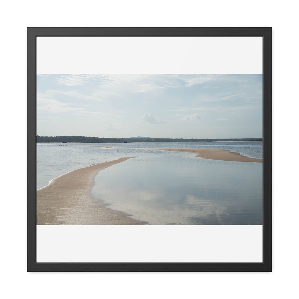 Thumbnail: Black framed print: serene bay seascape, curving sandbar, calm reflective water.