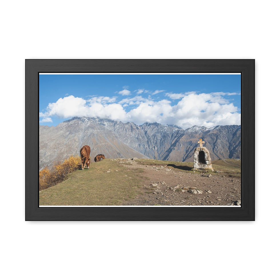 Thumbnail: Brown horses graze mountain slope, stone shrine, snowy peaks, blue sky.