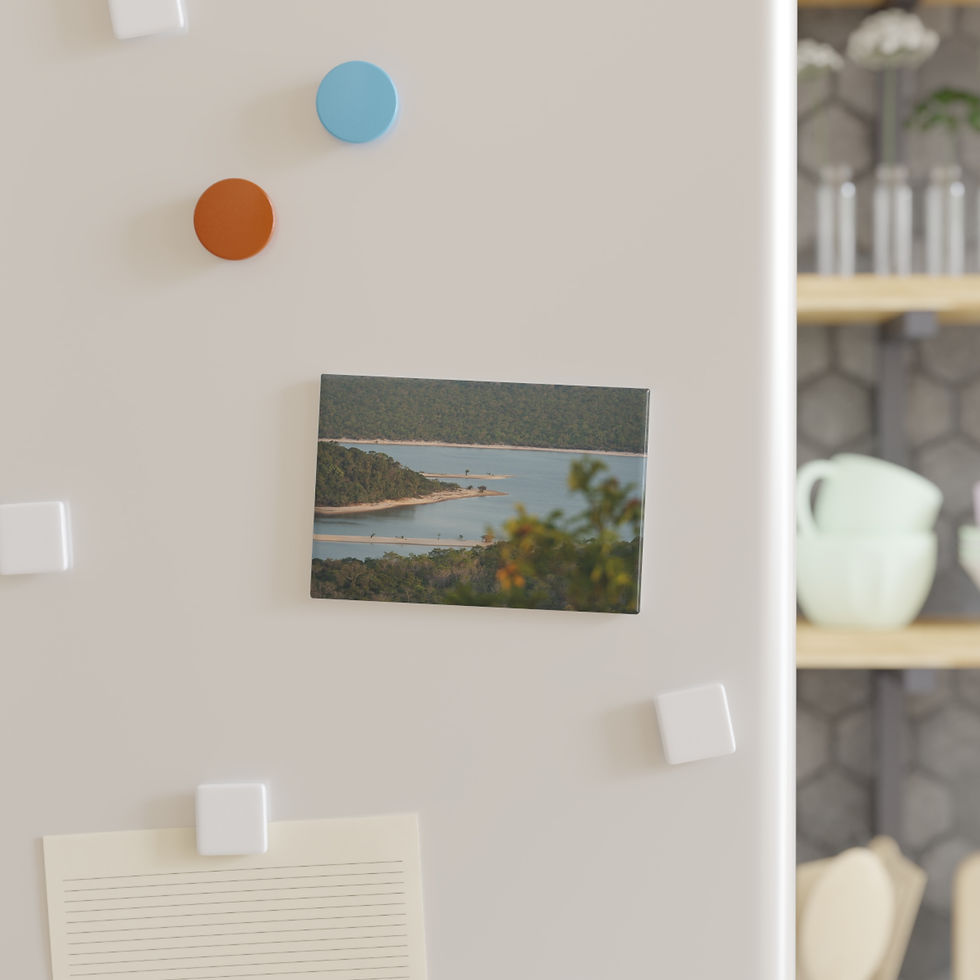 Thumbnail: Landscape photo magnet of a river, green trees, and sandy bank.