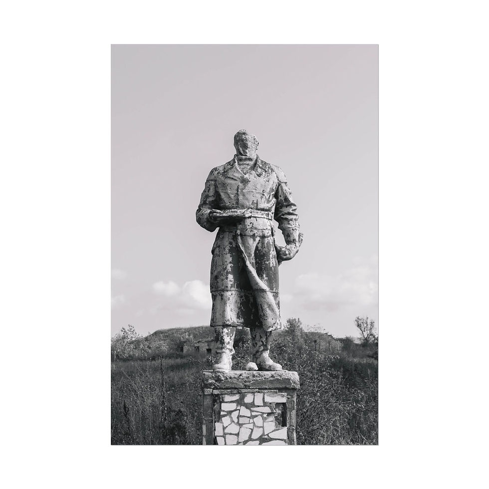 Thumbnail: Weathered black and white statue of a Soviet soldier outdoors.
