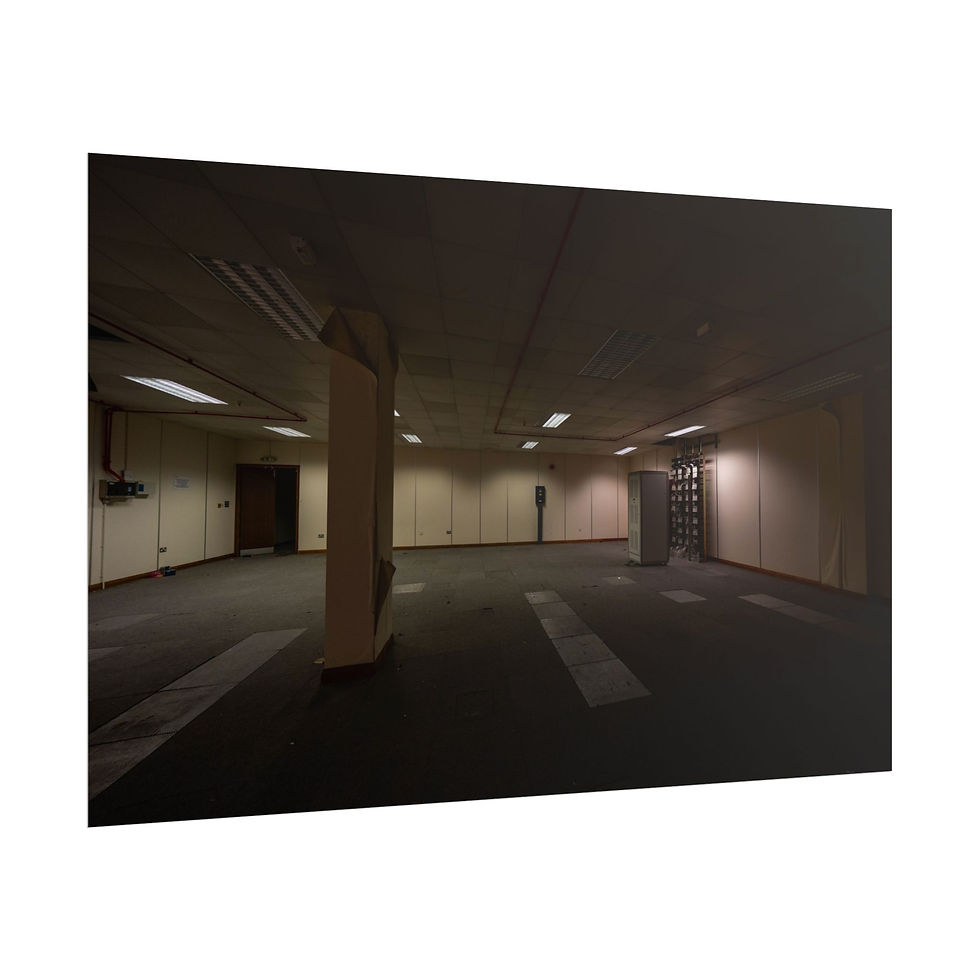 Thumbnail: Empty, dimly lit, abandoned room with concrete ceiling and dark carpeted floor.