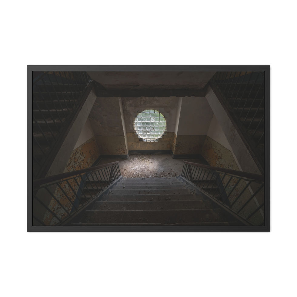 Thumbnail: Dark, decaying staircase in abandoned building leading to circular window light.