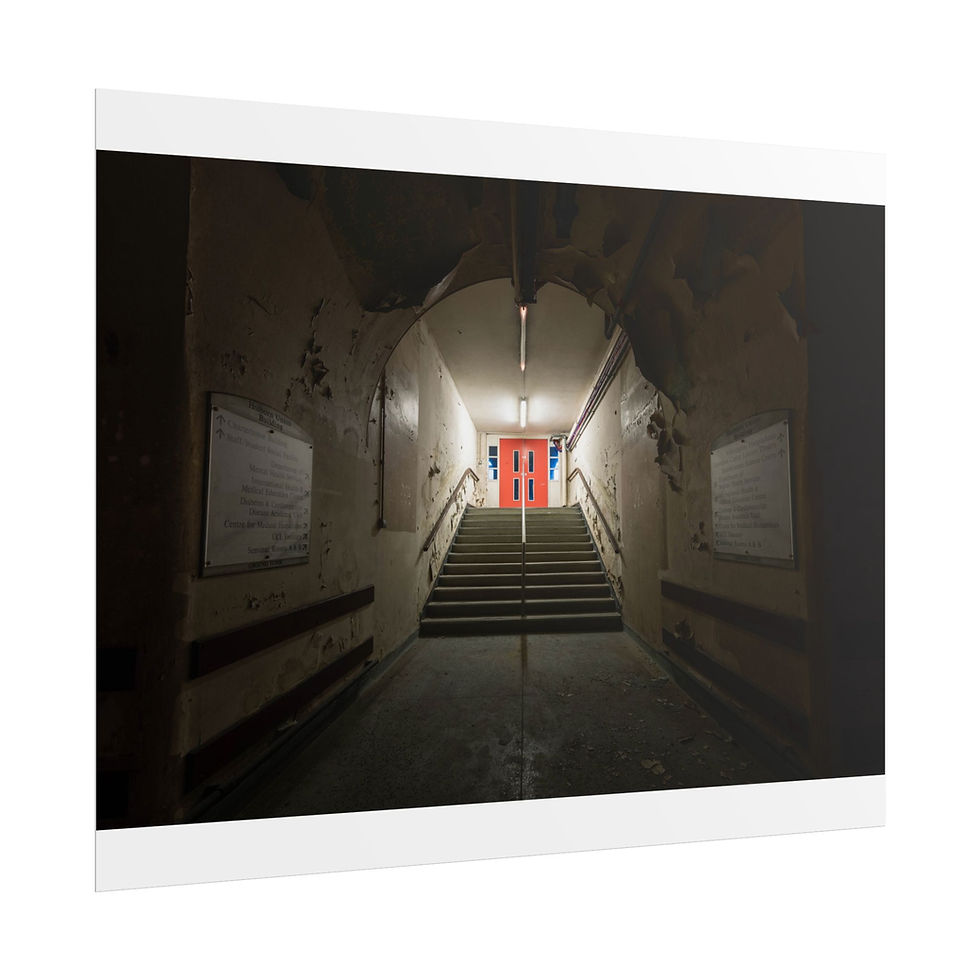 Thumbnail: Gritty tunnel stairs ascending towards a brightly lit red door.
