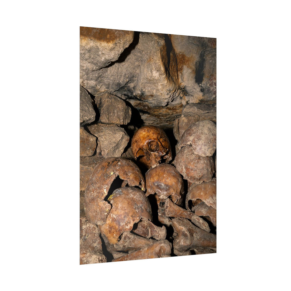 Thumbnail: Stacked human skulls and bones form a wall in dark catacombs.