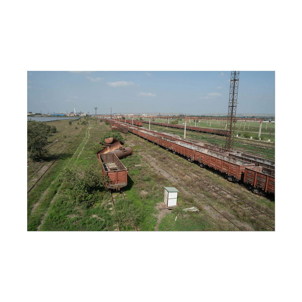 Thumbnail: Long freight train parked on tracks next to grassy embankment and old boats.