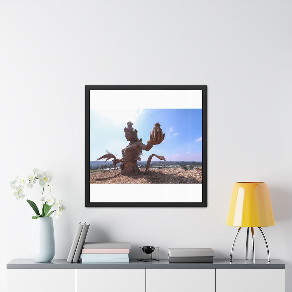 Thumbnail: Framed wall art featuring driftwood sculpture on a beach under blue sky.