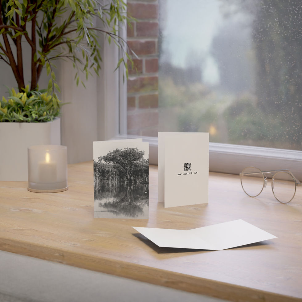 Thumbnail: Greeting cards with tree illustration, candle, plant by rainy window.