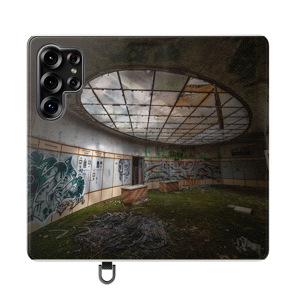 Thumbnail: Smartphone case showing abandoned circular room, graffiti, large skylight, overgrown floor.