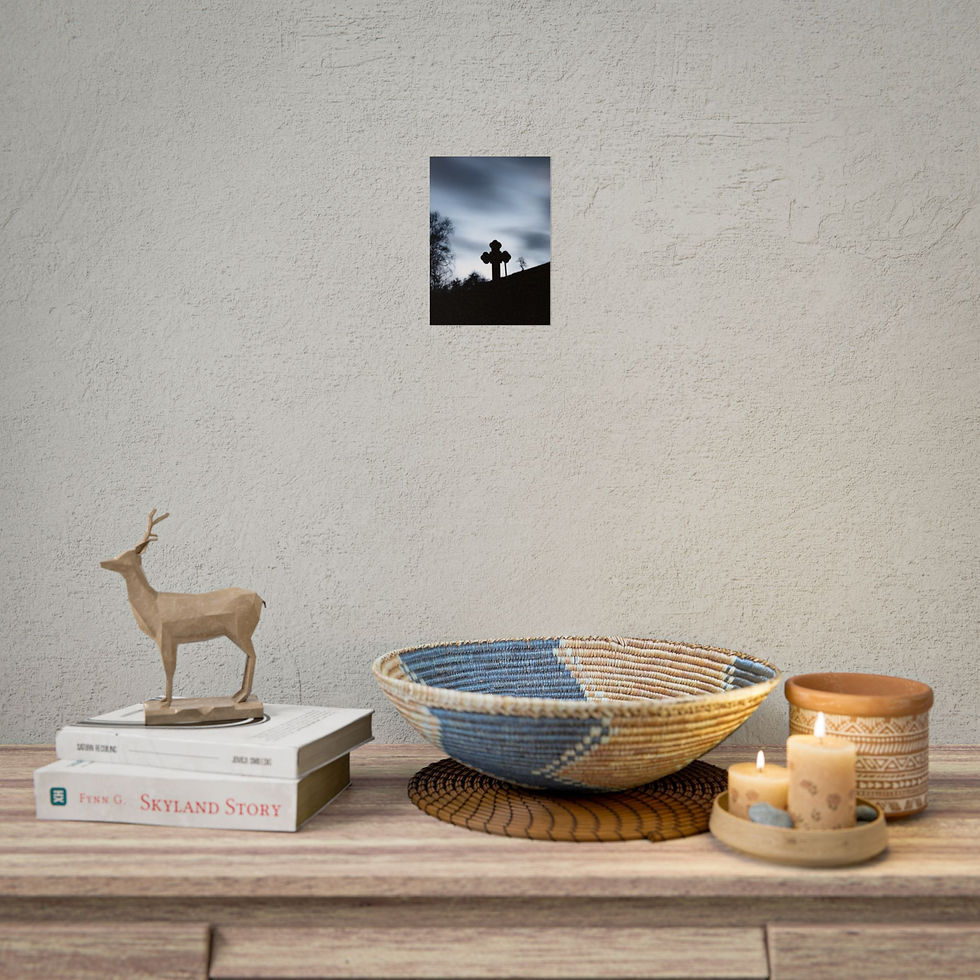 Thumbnail: Framed poster shows cross silhouette on hill against cloudy twilight sky.