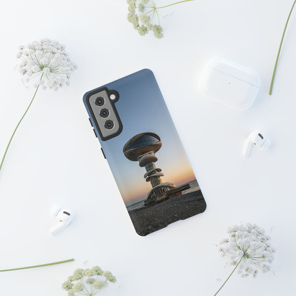 Thumbnail: Smartphone case featuring futuristic tower, surrounded by white flowers and earbuds.