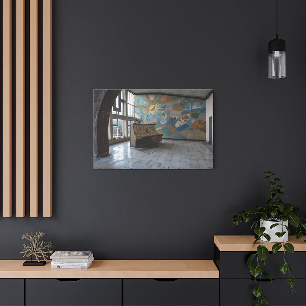 Thumbnail: Framed print of abandoned room with piano, colorful abstract mural.