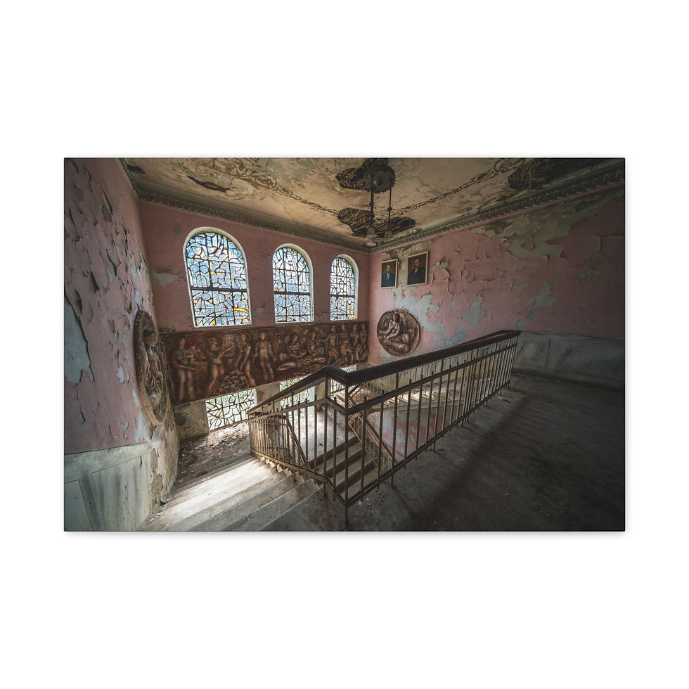 Thumbnail: Abandoned grand staircase, peeling paint, stained glass windows, rusted railing.