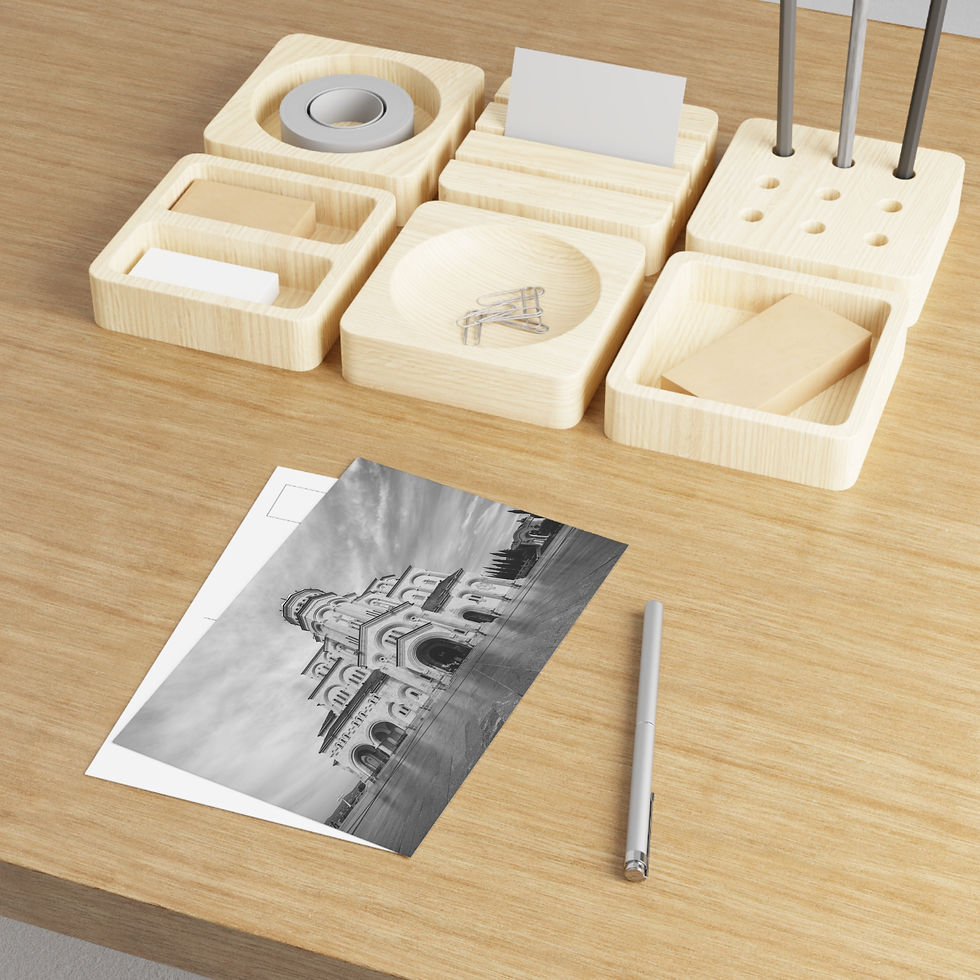 Thumbnail: Modular wooden desk organizer, office supplies, historic building postcard, pen on wood.