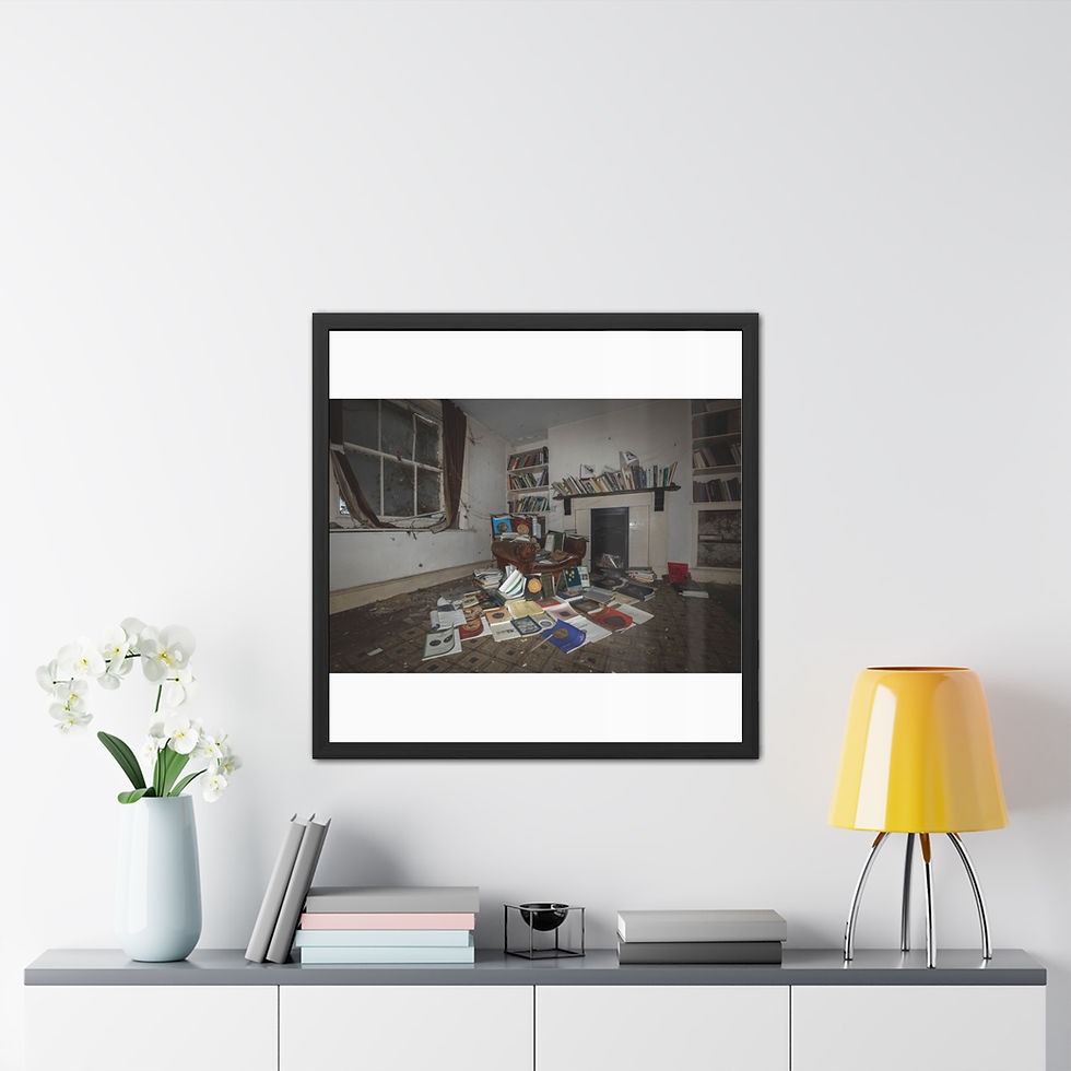 Thumbnail: Framed print of messy abandoned room, books, flowers, and lamp.