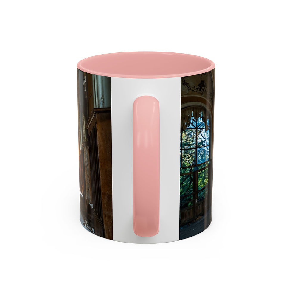 Thumbnail: Pink handled coffee mug featuring ornate stained glass window design.