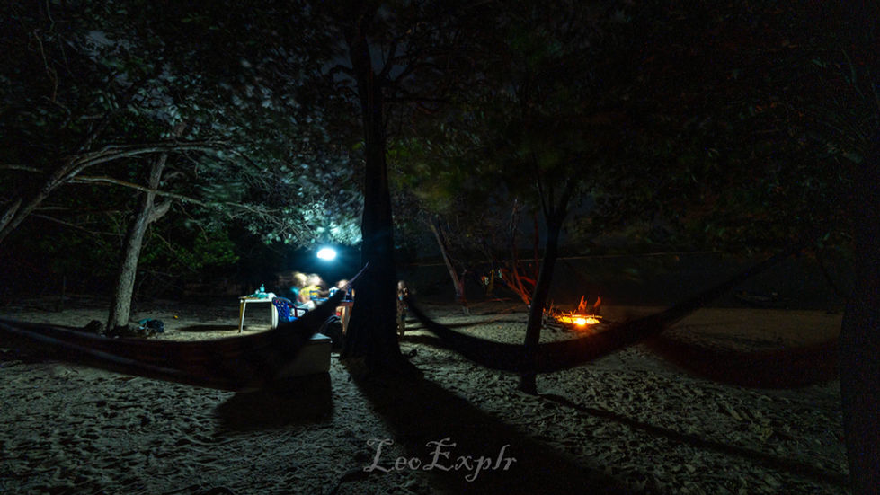 Nighttime camping scene under trees with hammocks tied to trunks. A campfire glows on the right, while people gather around a lantern-lit table.