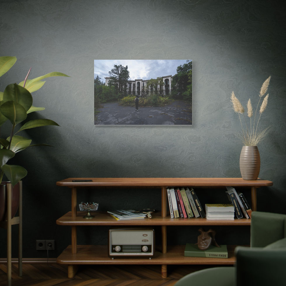 Thumbnail: Canvas art of abandoned building hangs above stylish wooden console table.
