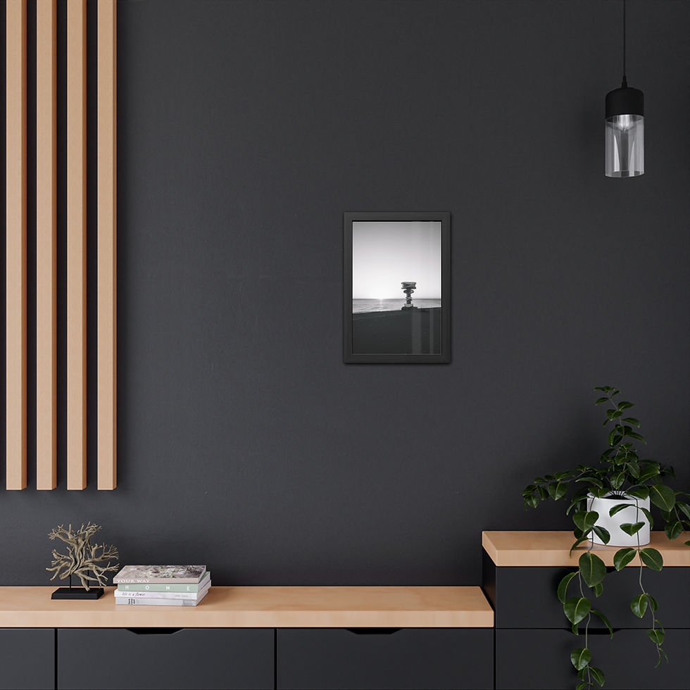 Thumbnail: Black and white framed photo of solitary tree on dark gray wall.