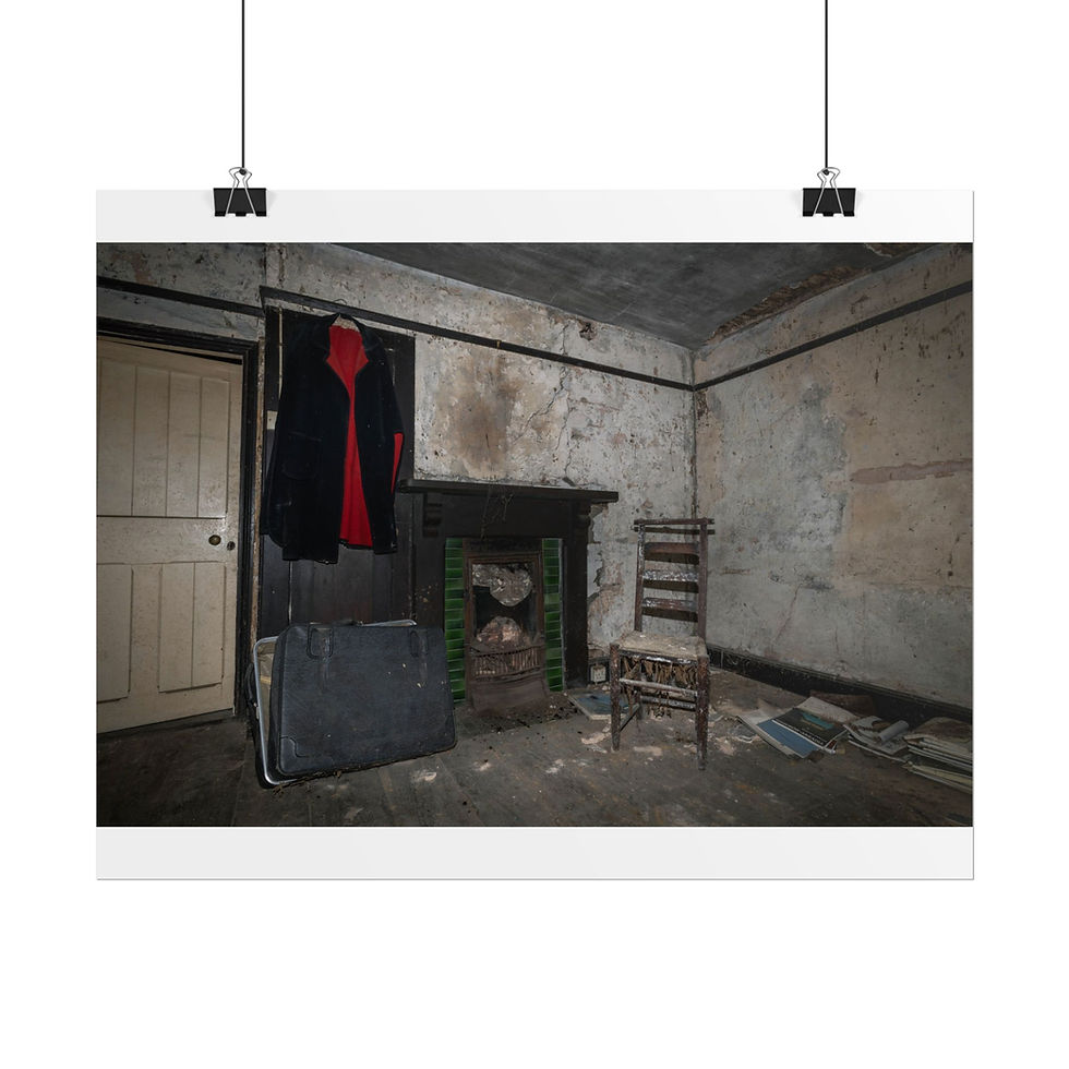 Thumbnail: Abandoned room featuring a jacket, suitcase, fireplace, and worn wooden chair.
