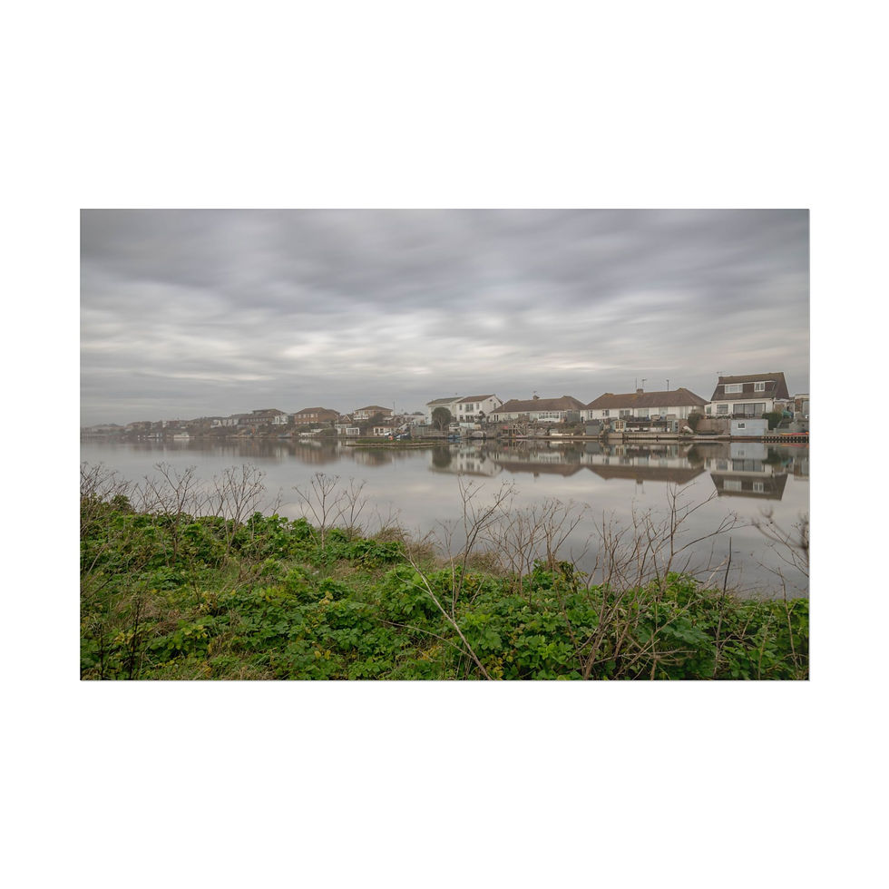 Thumbnail: Row of houses reflecting in water with green foliage, cloudy sky.