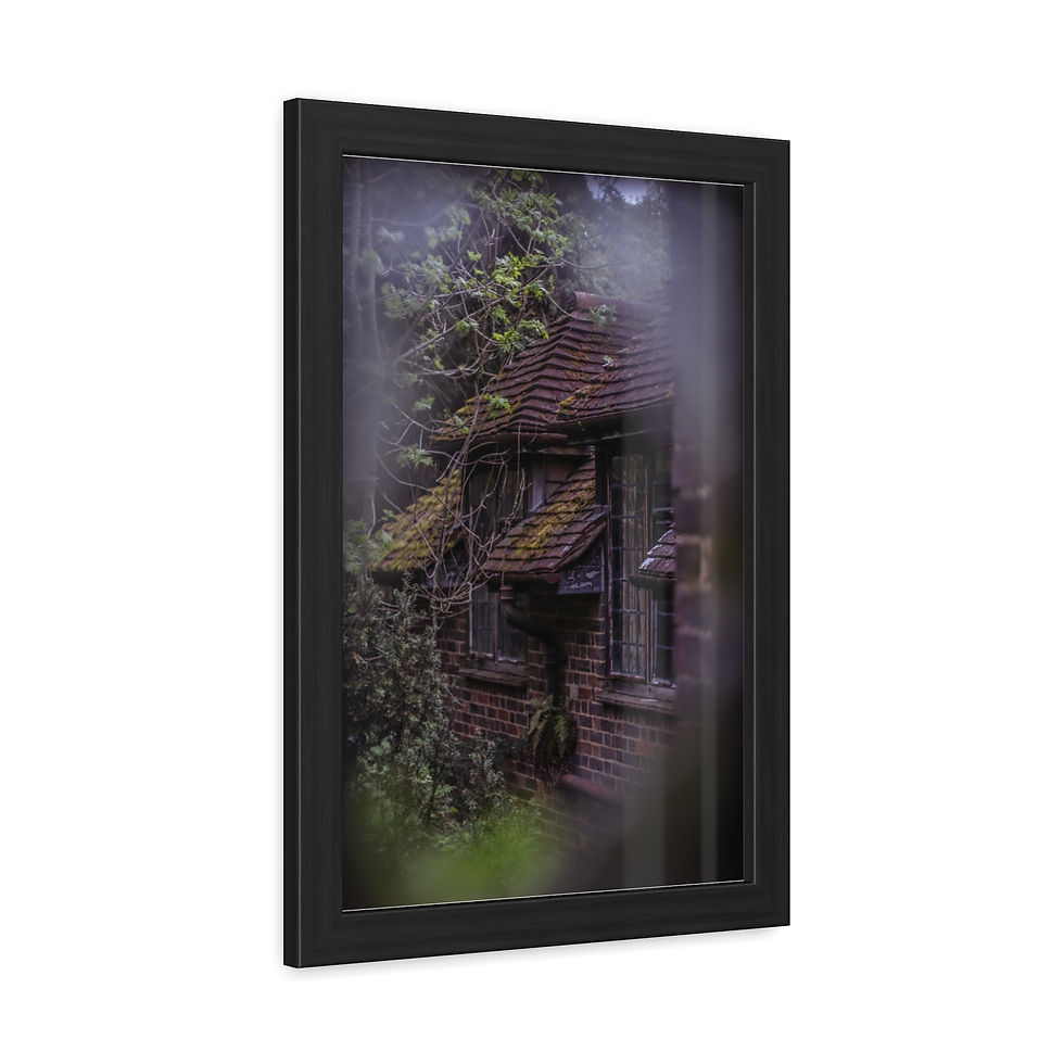 Thumbnail: Framed artwork shows a mysterious, dark, overgrown brick building.