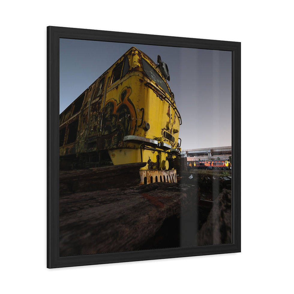 Thumbnail: Large yellow industrial train locomotive, gritty framed artwork at dusk.