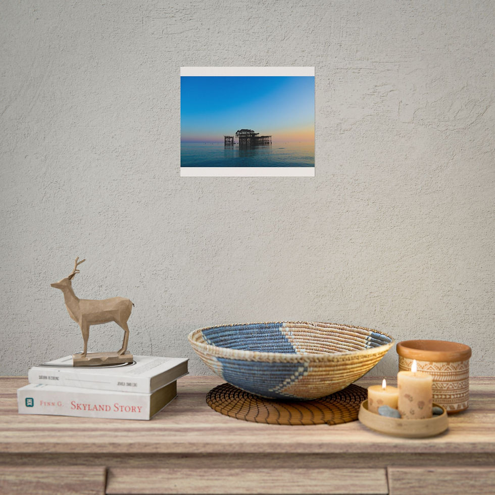 Thumbnail: Framed artwork of a building over water and home decor display.