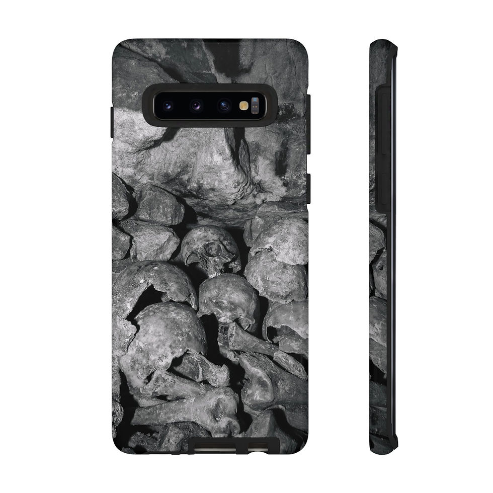 Thumbnail: Smartphone case with a grayscale design of stacked human skulls and bones.