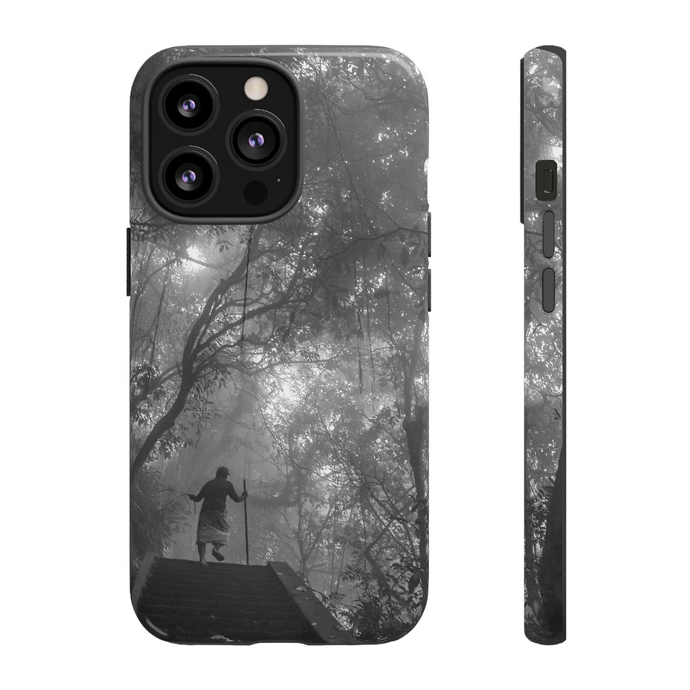 Thumbnail: Black iPhone case with lone figure in misty forest, light rays.