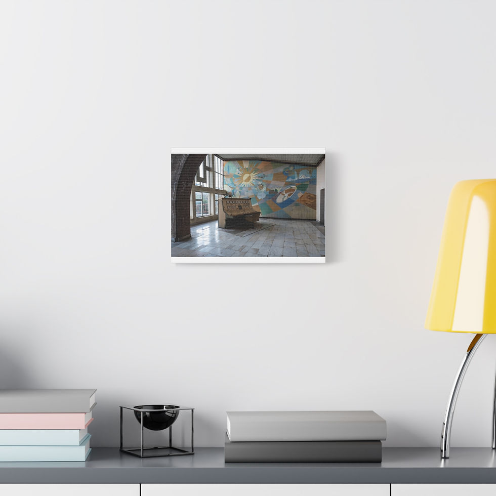 Thumbnail: Framed canvas print: Moody interior with abstract mural and window.