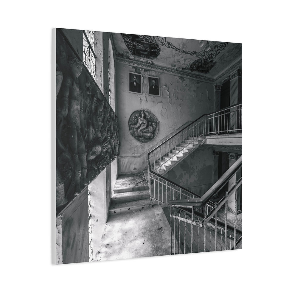 Thumbnail: Monochrome abandoned building interior, grand decaying staircase, peeling paint, old art.