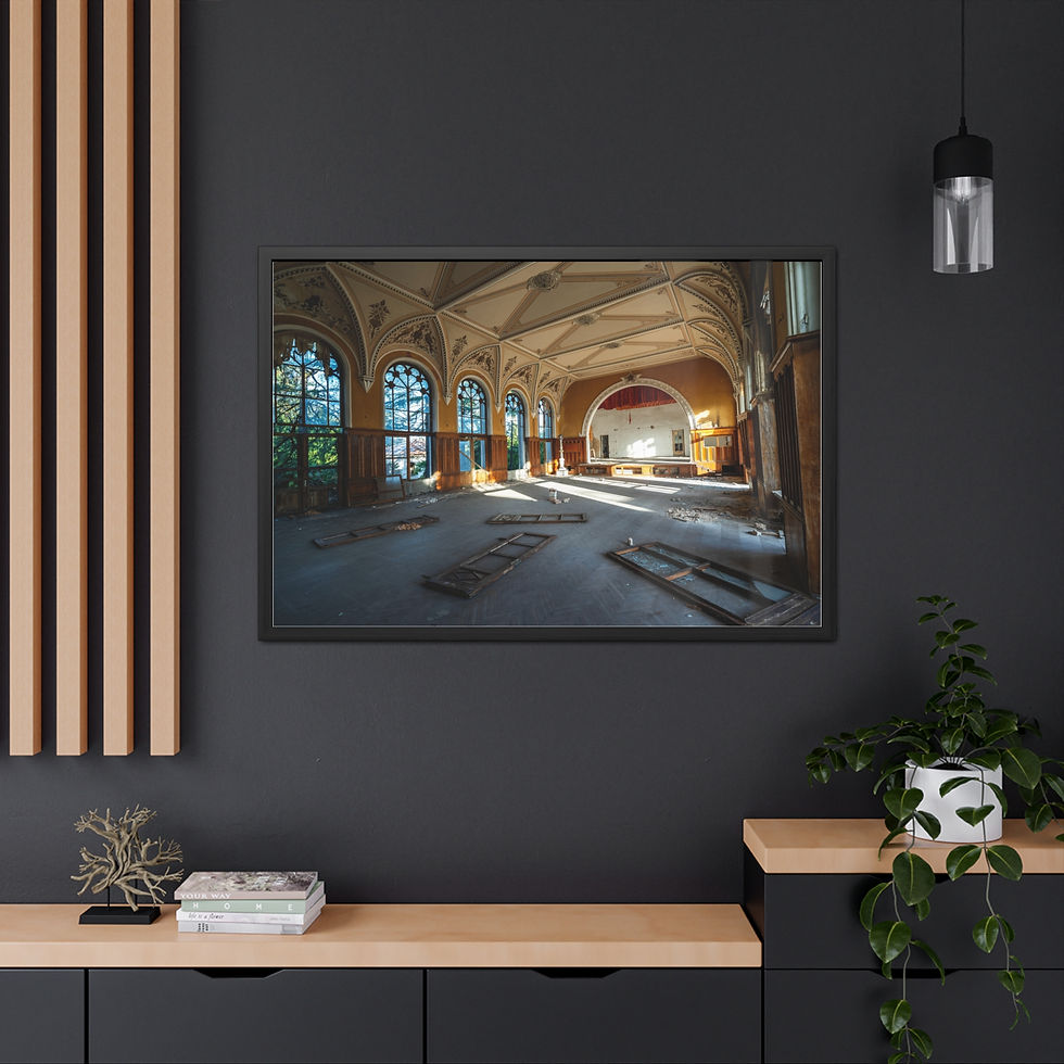 Thumbnail: Framed print of an abandoned, ornate hall with sunlight through arched windows.