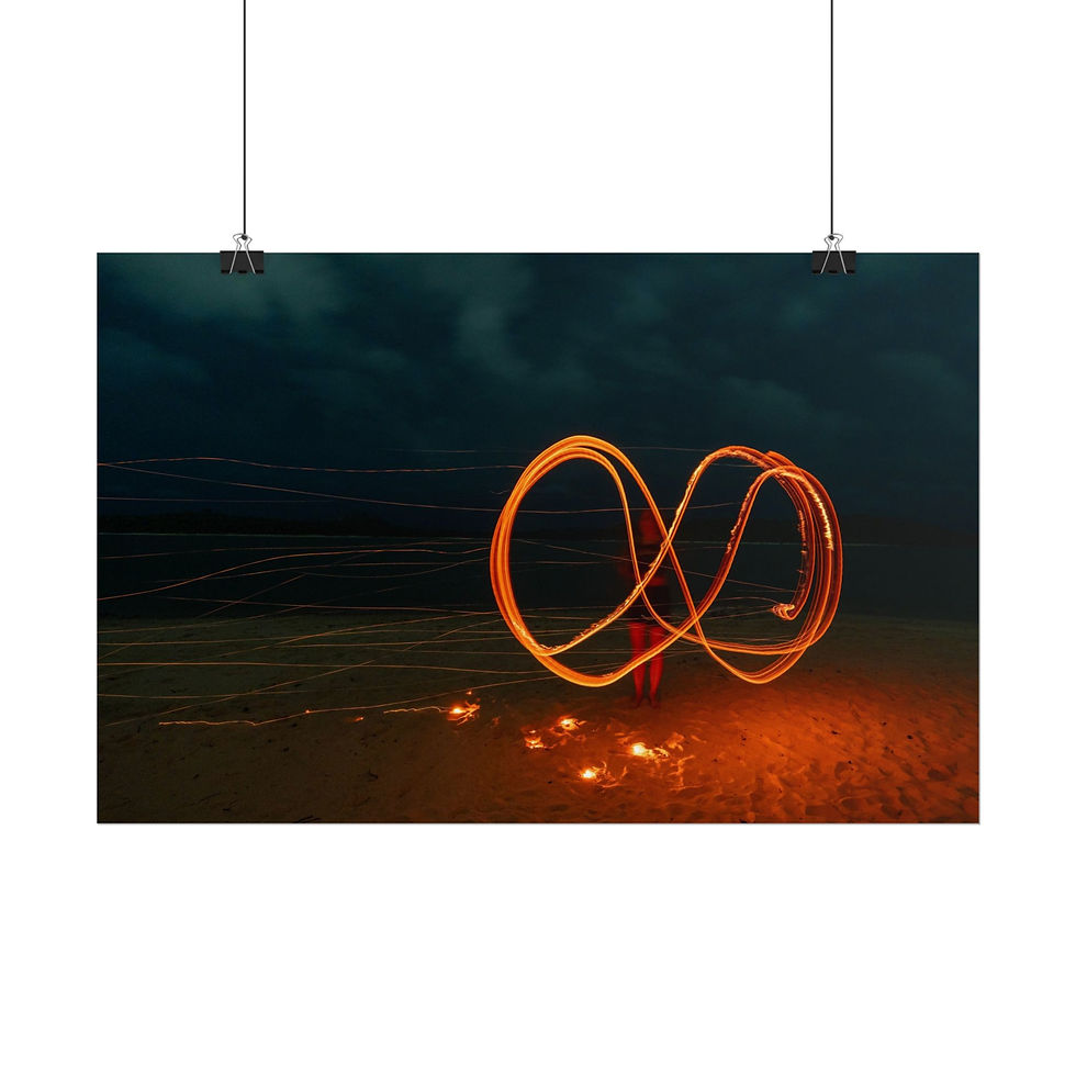 Thumbnail: Glowing orange infinity symbol light trail on dark beach sand.