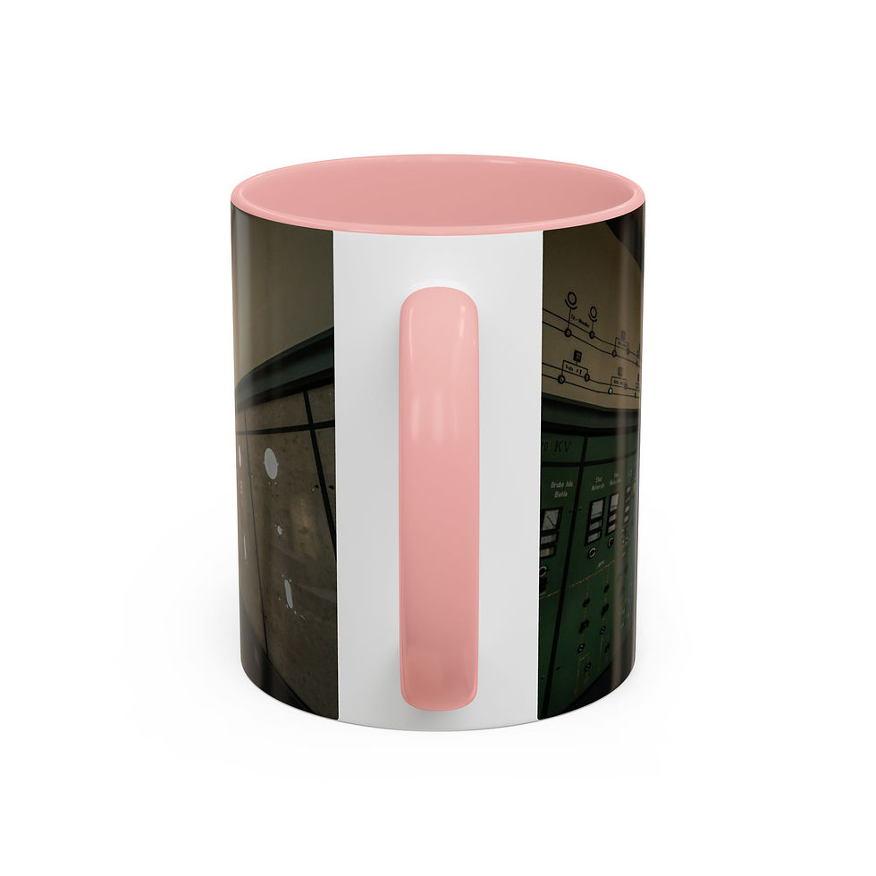 Thumbnail: White coffee mug with pink handle, interior, and dark image wrap.