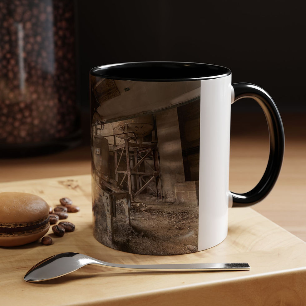Thumbnail: Sepia-toned industrial interior image on a black and white coffee mug.