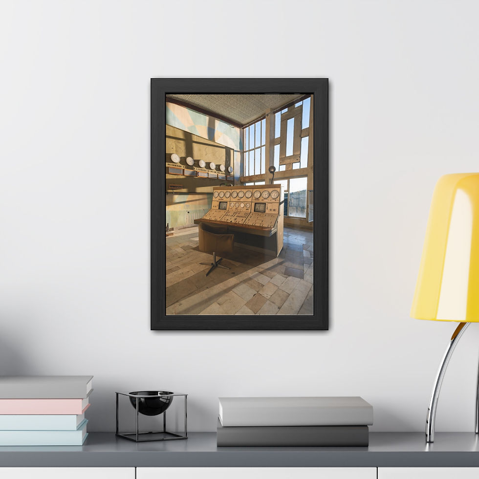 Thumbnail: Black framed print featuring vintage console in bright, modern interior.