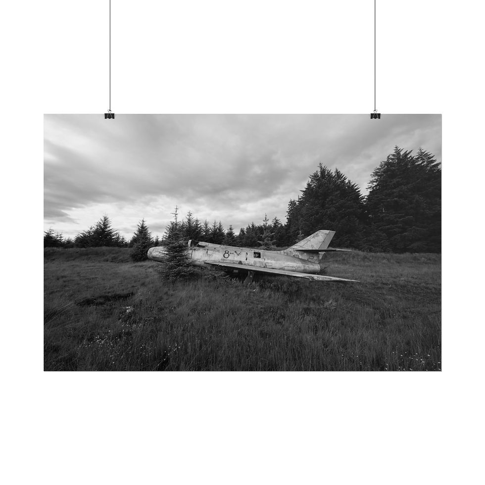 Thumbnail: Abandoned jet plane resting in overgrown field, cloudy sky. Black and white.