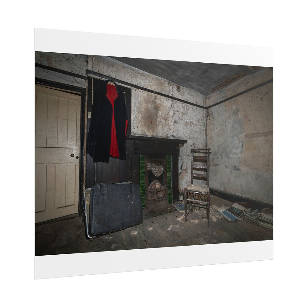 Thumbnail: Dilapidated room with hanging jacket, suitcase, fireplace, and worn chair.