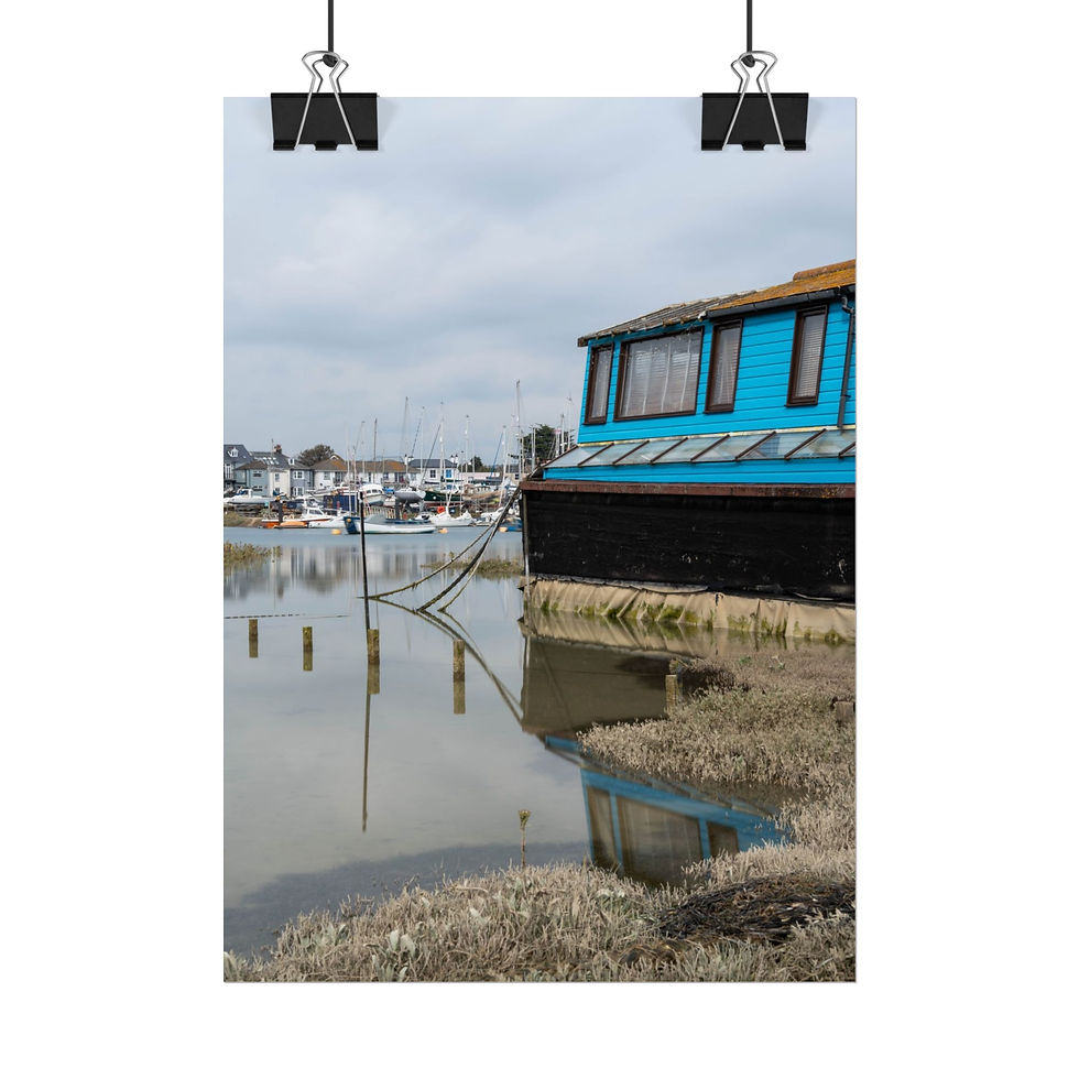 Thumbnail: Vibrant blue boathouse reflects in still water at marshy harbor.