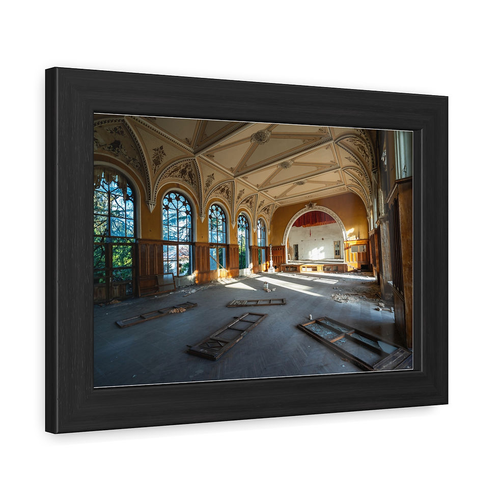 Thumbnail: Abandoned ornate hall with vaulted ceiling, sunlight, and a stage.