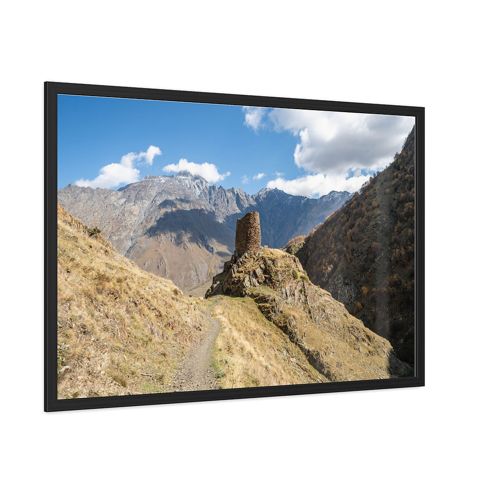 Thumbnail: Framed print of an old stone tower in a rugged mountain valley.