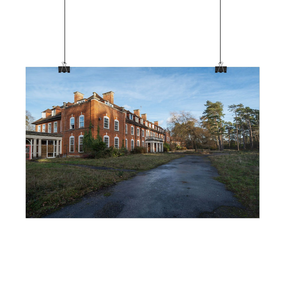 Thumbnail: Abandoned military barracks building, Sergeants' Mess, Deepcut, under blue sky.