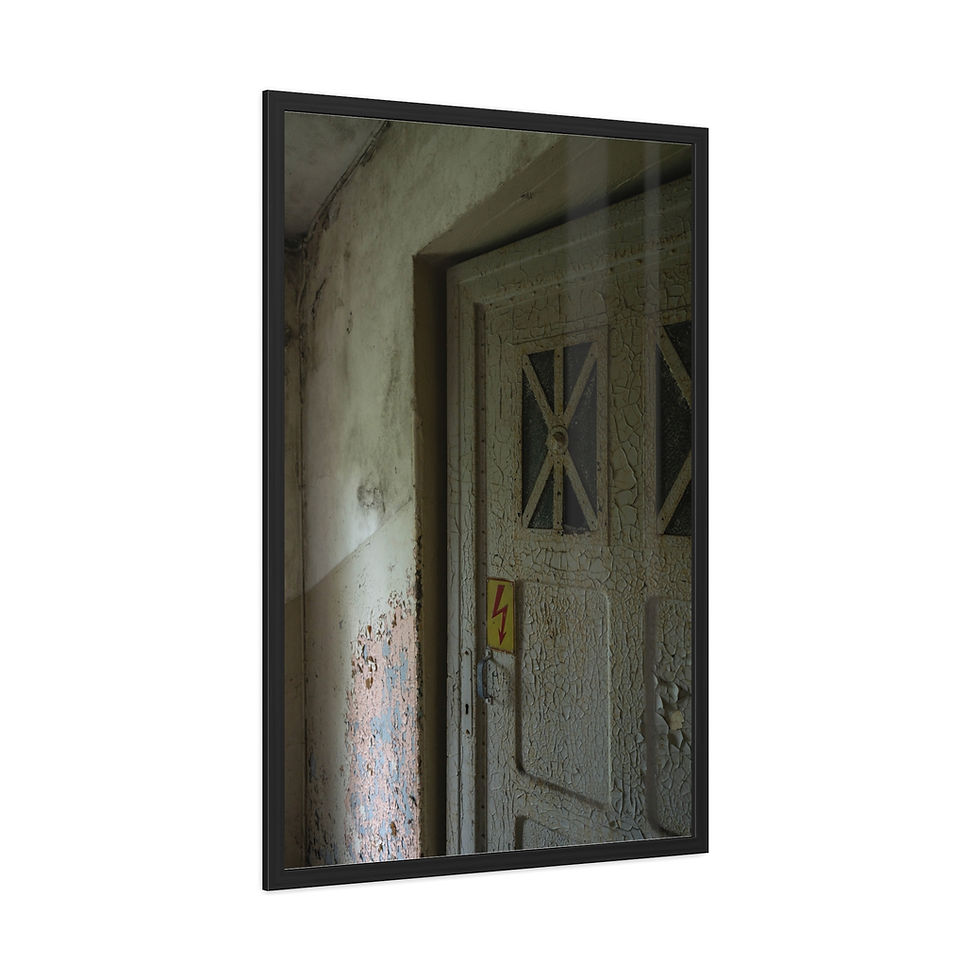 Thumbnail: Old weathered door, peeling paint, and cracked wall in dark building.