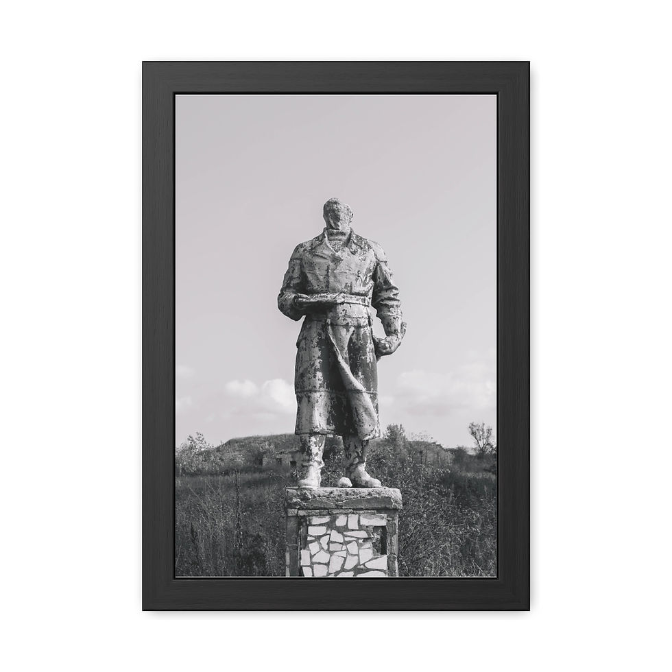 Thumbnail: Framed black and white photo of weathered statue on stone pedestal.
