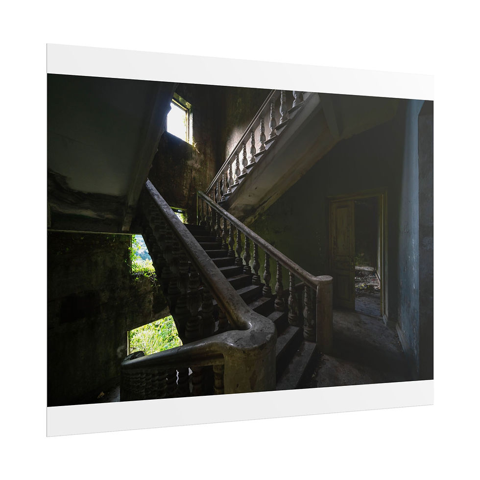 Thumbnail: Dramatic ornate wooden staircase with light in an abandoned building.
