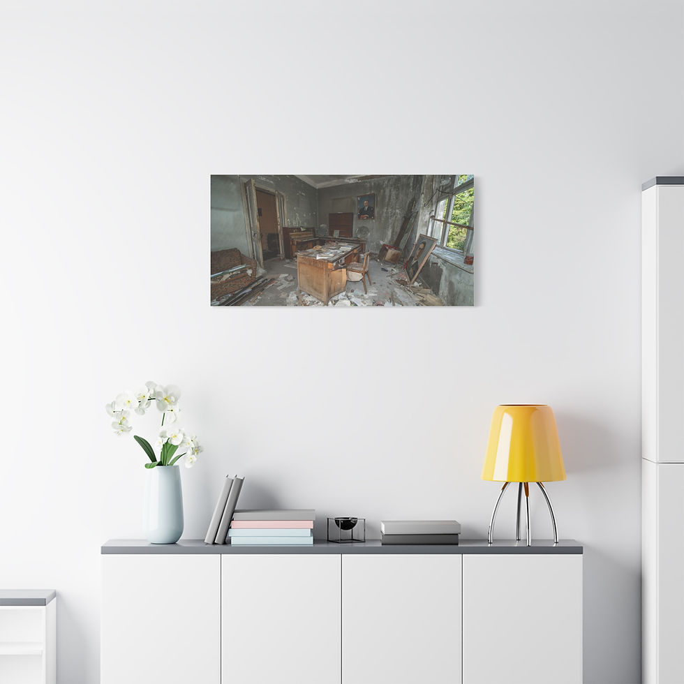 Thumbnail: Canvas print of a ruined, abandoned room with scattered debris inside.