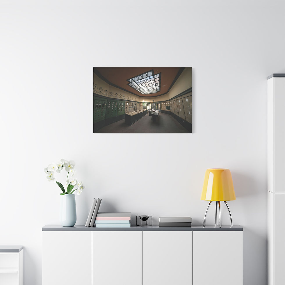 Thumbnail: Canvas print: dark, green-walled tunnel with bright overhead fluorescent light.